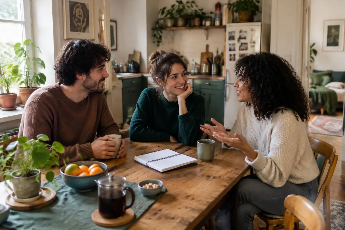 Trois colocataires discutent autour d'une table dans leur cuisine commune, éclairée par la lumière du jour